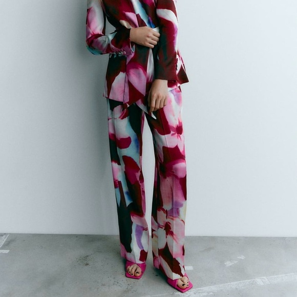 ZARA Satin Floral Print Palazzo Pant Trousers - Picture 1 of 16